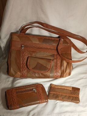 Tan Patchwork Leather & Faux Leather Shoulder Bag - 3 Piece Set